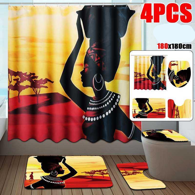 4Pc African Girl Bathroom Shower Curtain Set