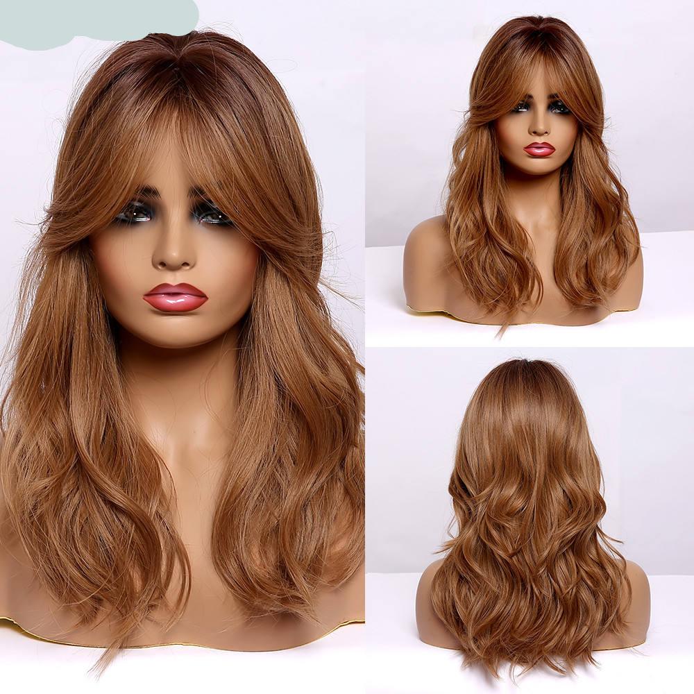 Long Natural Wave Ombre Wig With Bangs Cosplay Synthetic Wig Heat Resistant