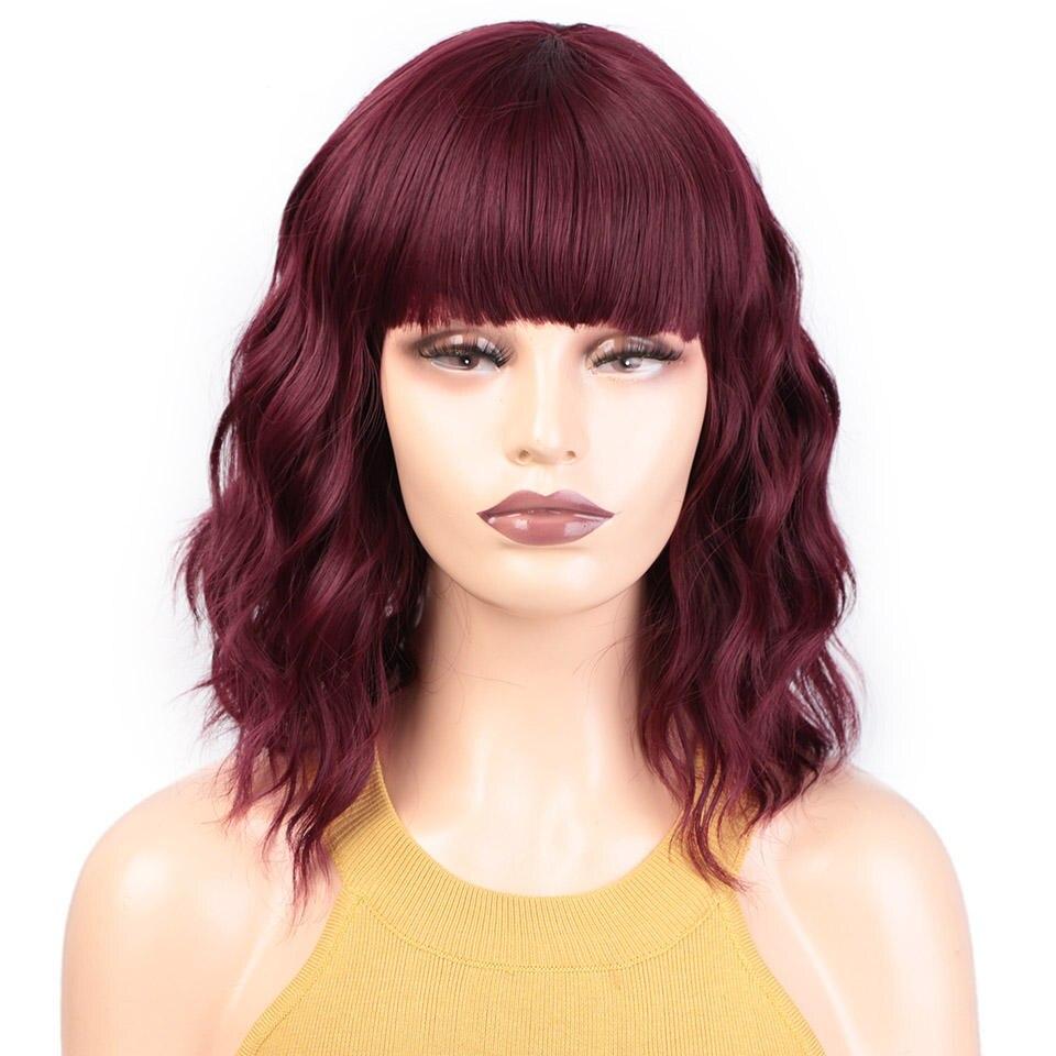 Short Synthetic Red Water wave Hair Wig with Bangs Heat Resistant Hair