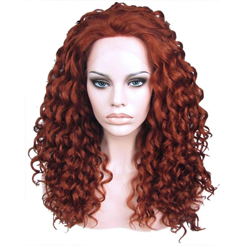 Anogol Hand Tied High Temperature Fiber Hair Wigs Long Kinky Curly Auburn Copper Red Synthetic  Lace Front Wig With Free Part