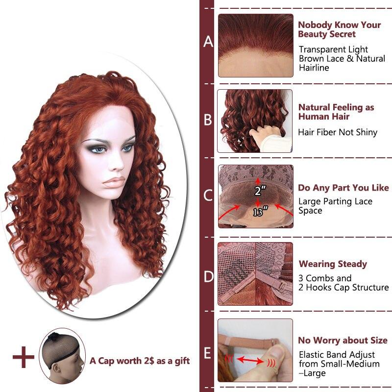 Anogol Hand Tied High Temperature Fiber Hair Wigs Long Kinky Curly Auburn Copper Red Synthetic  Lace Front Wig With Free Part