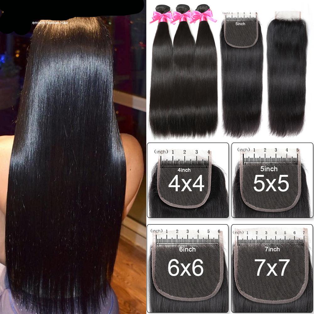 Lace Closure With Human Hair Bundles Straight Remy Hair Extensions Double Weft