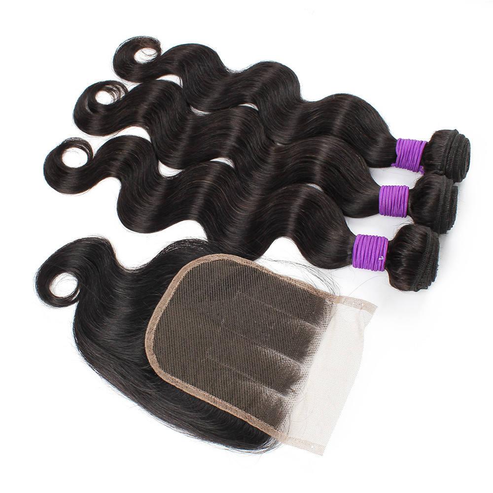 3 Bundles with Closure 200g/set Body Wave Hair Weave Brazilian Non-Remy Human Hair