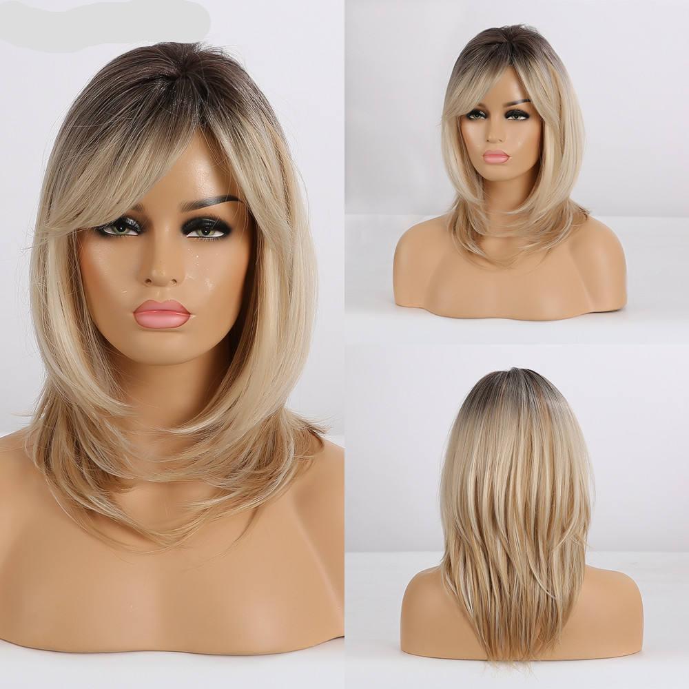 Straight Brown Blonde Ombre Wig with Bangs