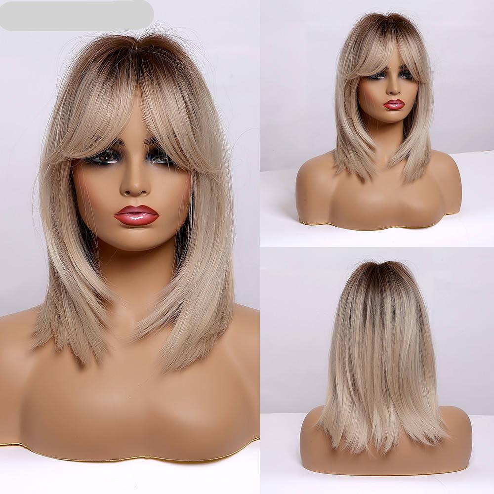 Straight Brown Blonde Ombre Wig with Bangs