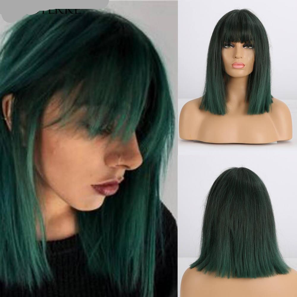 Ombre Black Dark Green Synthetic Hair Wig for Women Straight Cosplay