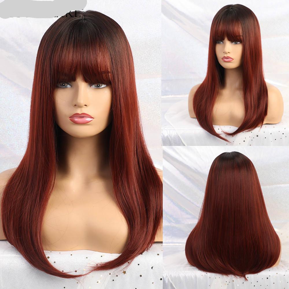 Ombre Black Wine Red Long Wig Bob Straight Synthetic Wig with Bang