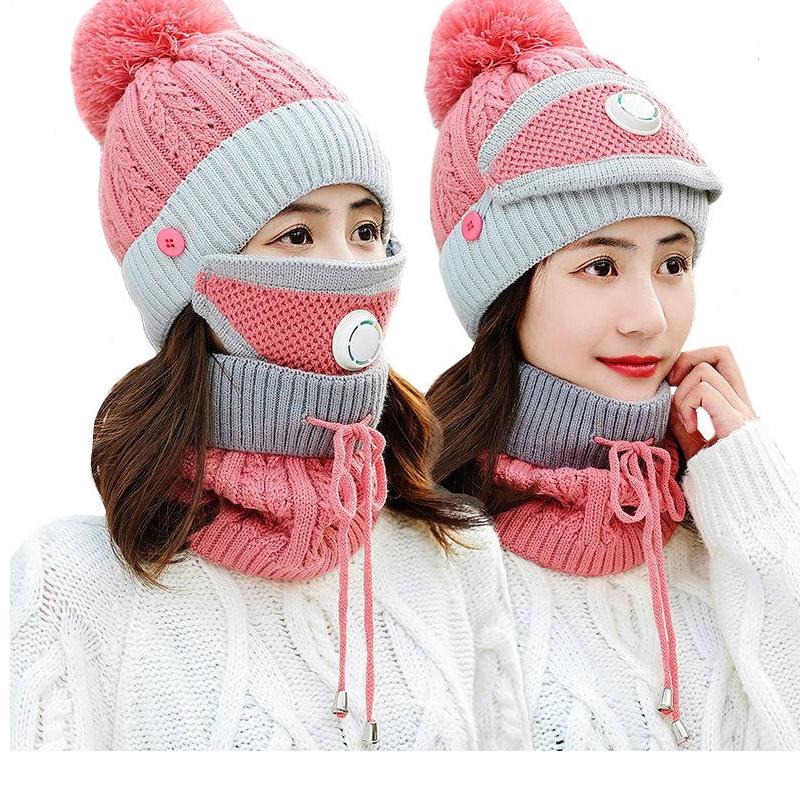 Winter Thick Plush Cashmere Warm Masks Hat Scarf Autumn Winter Women's Knit Hat Wool Ball Cover Ear Collar Three Set