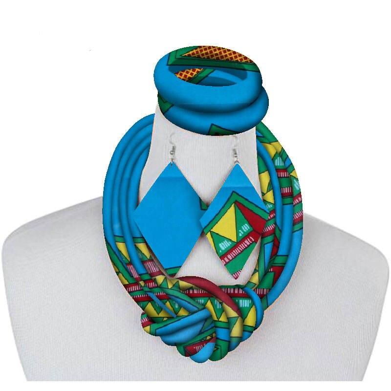 African Necklace Ankara Fabric Set Side Knot Necklace,Bracelet and Earrings 3 Pieces