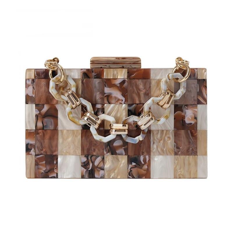 Brown Striped Geometric Acrylic Luxury Evening Bag Box Clutch Purse
