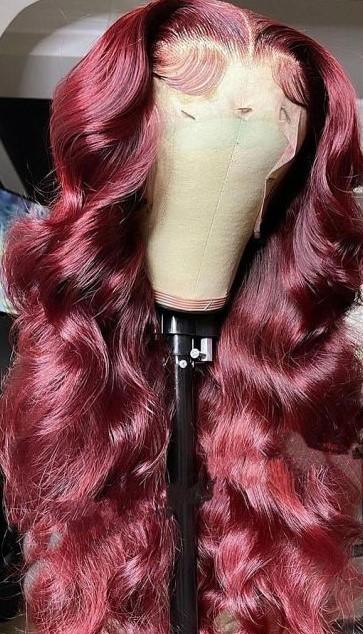 Red Burgundy Lace Front Human Hair Wigs Non Remy Hair 150% Density With Baby Hair Pre-Plucked