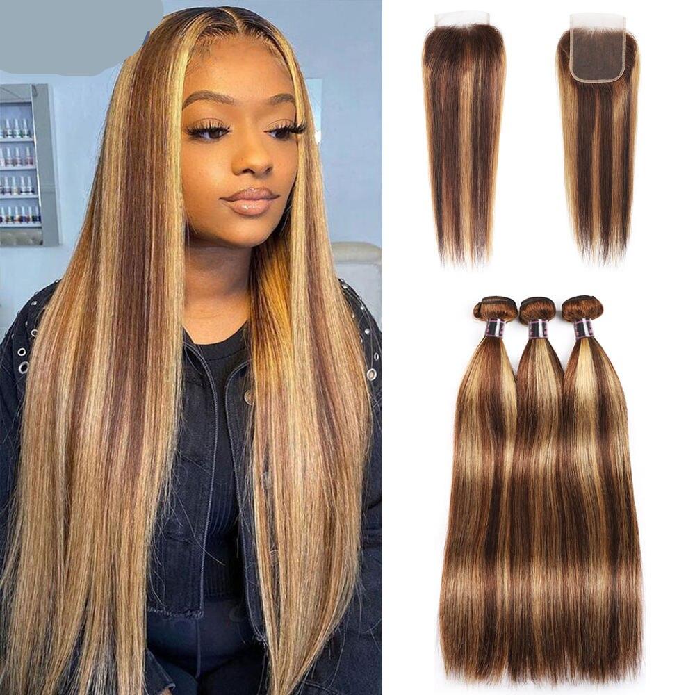 Ishow Highlight Ombre Bundles With Closure Brazilian Bone Straight Bundles With Closure Brown Human Hair Bundles With Closure
