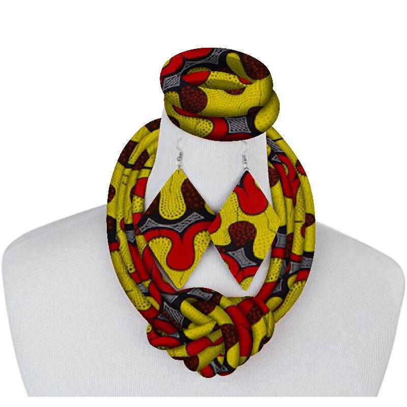 African Necklace Ankara Fabric Set Side Knot Necklace,Bracelet and Earrings 3 Pieces