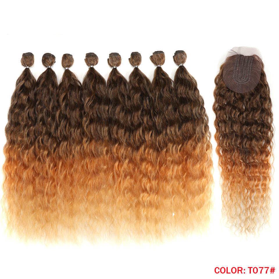 Synthetic Hair Extensions Water Wave Hair Bundles With Closure Ombre 9Pcs/Pack 20 inch