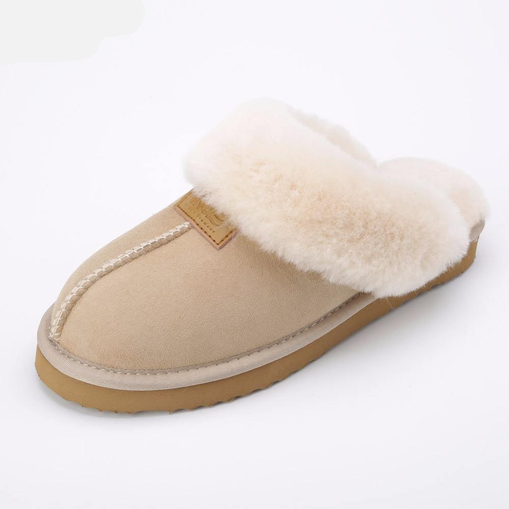 Women Real Sheepskin Suede Leather Natural Wool Sheep Fur Lined Winter Slippers