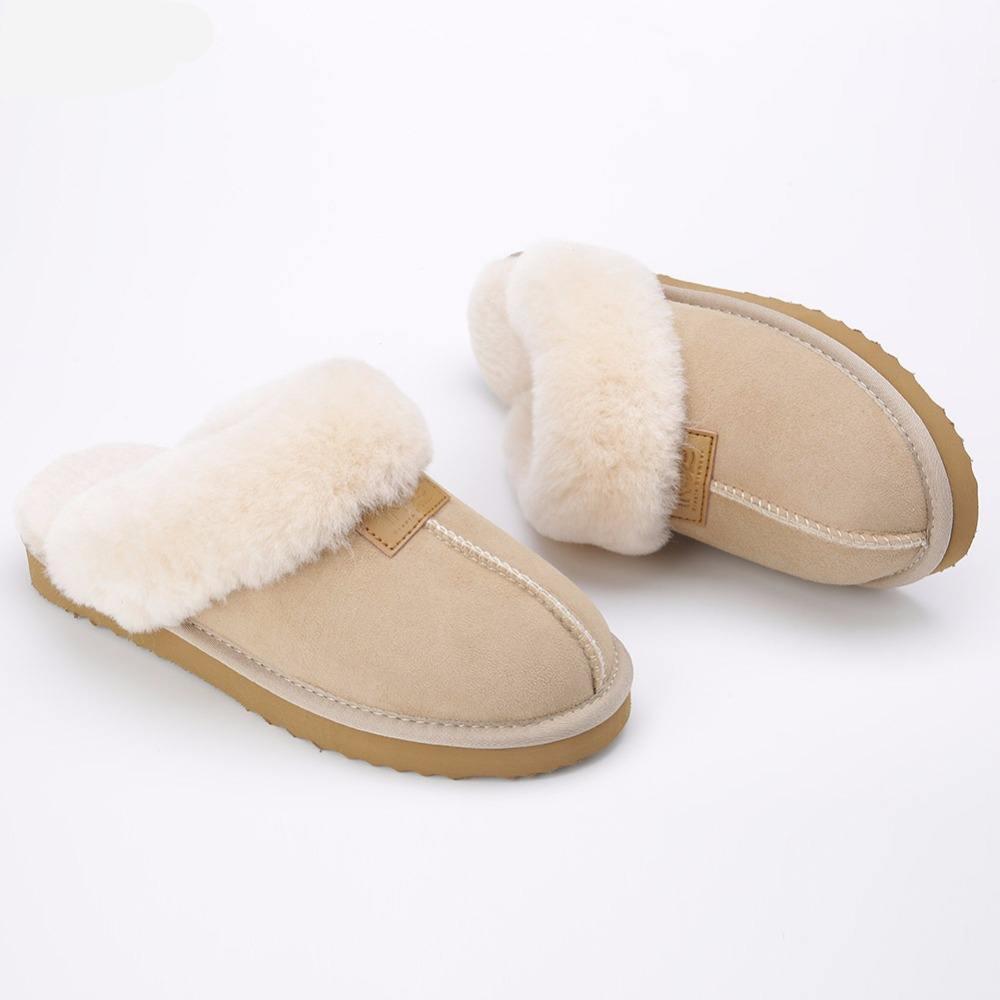 Women Real Sheepskin Suede Leather Natural Wool Sheep Fur Lined Winter Slippers